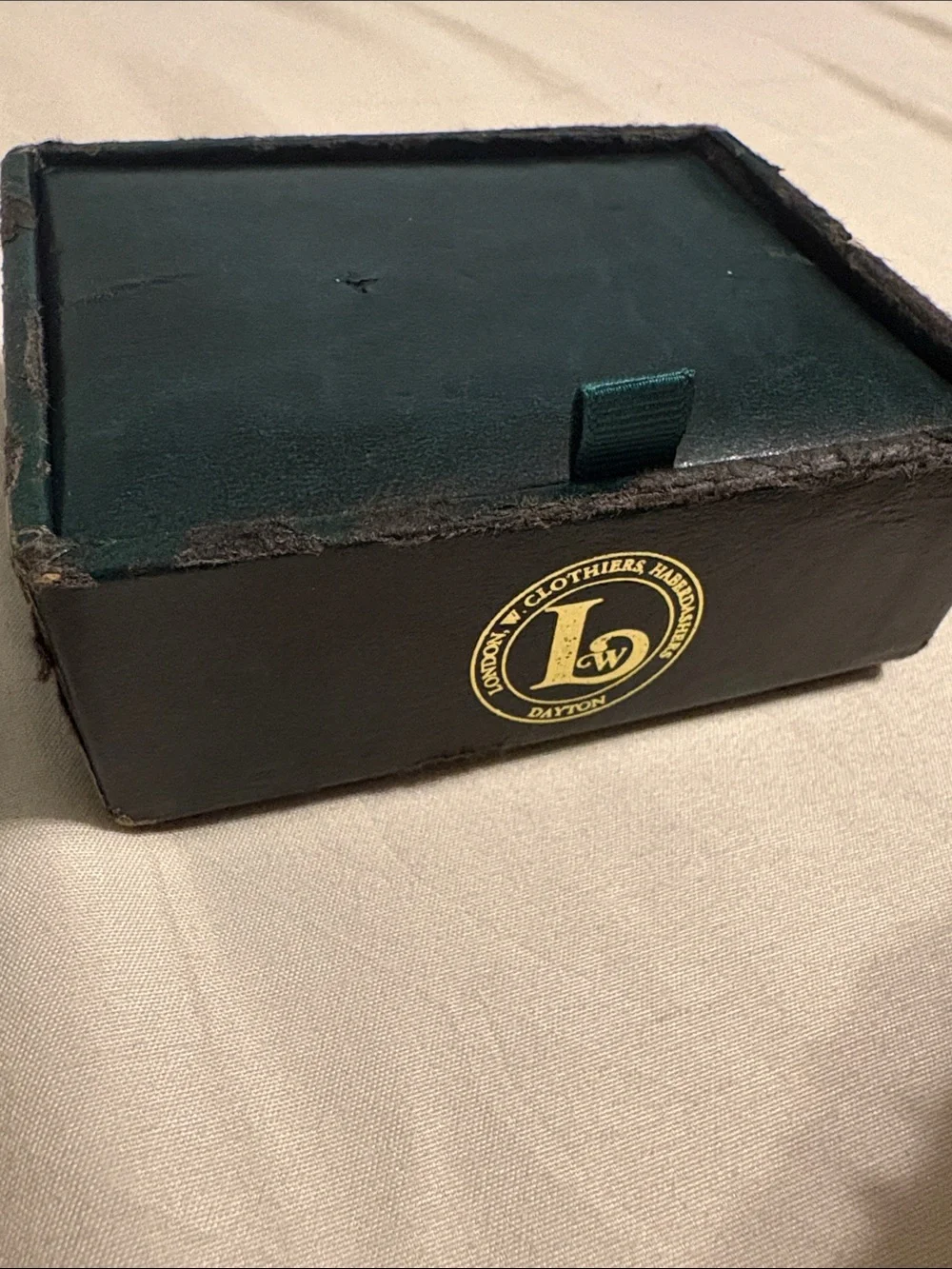 London W. Clothiers & Haberdashers vintage box & several silk knot cuff links